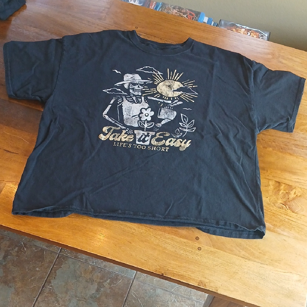 Dom Take It Easy, Life's Too Short Black Graphic Tee, Skeleton Flower